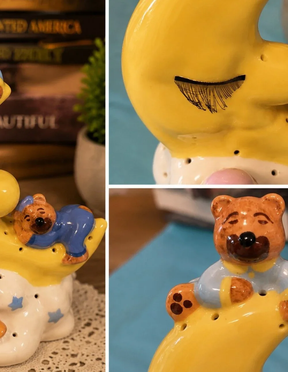 Vintage Ceramic Moon Teddy Bear Nursery Lamp Shade 1980s 90s